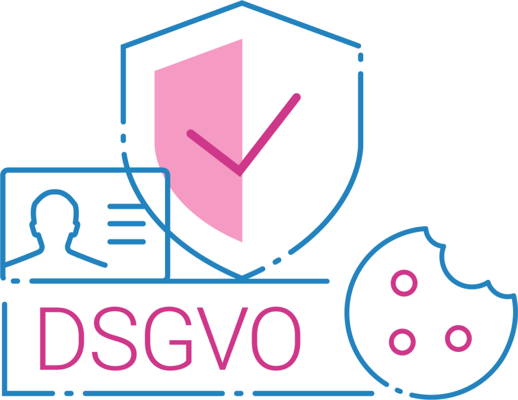 Symbole, die sich auf die Datenschutz-Grundverordnung (DSGVO) beziehen. Ein Schild mit einem Häkchen, ein Benutzerausweissymbol, einen Cookie und den Text "DSGVO". Die Farben sind hauptsächlich Blau und Rosa.