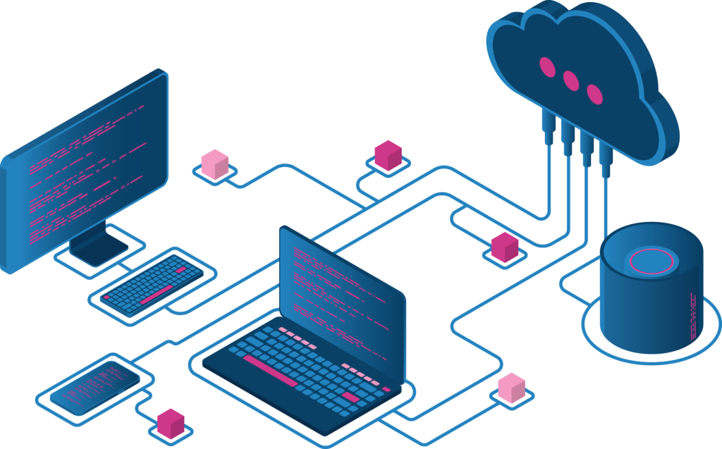 Eine vernetzte Computerlandschaft. Links sind ein Desktop-Computer, ein Laptop und ein Smartphone, alle mit Code auf den Bildschirmen. Die Geräte sind durch Linien mit einer Wolke (Cloud-Computing) und einem zylindrischen Speicher (Datenbank/Server) verbunden. Rosa Würfel entlang der Verbindungen symbolisieren Knotenpunkte oder Datenpakete. Die Farben sind Blau und Rosa auf schwarzem Hintergrund.